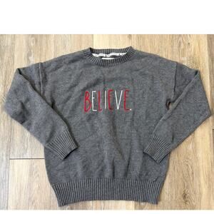 Rae Dunn Believe Sweater Gray Medium Holiday Pullover Cozy Knit